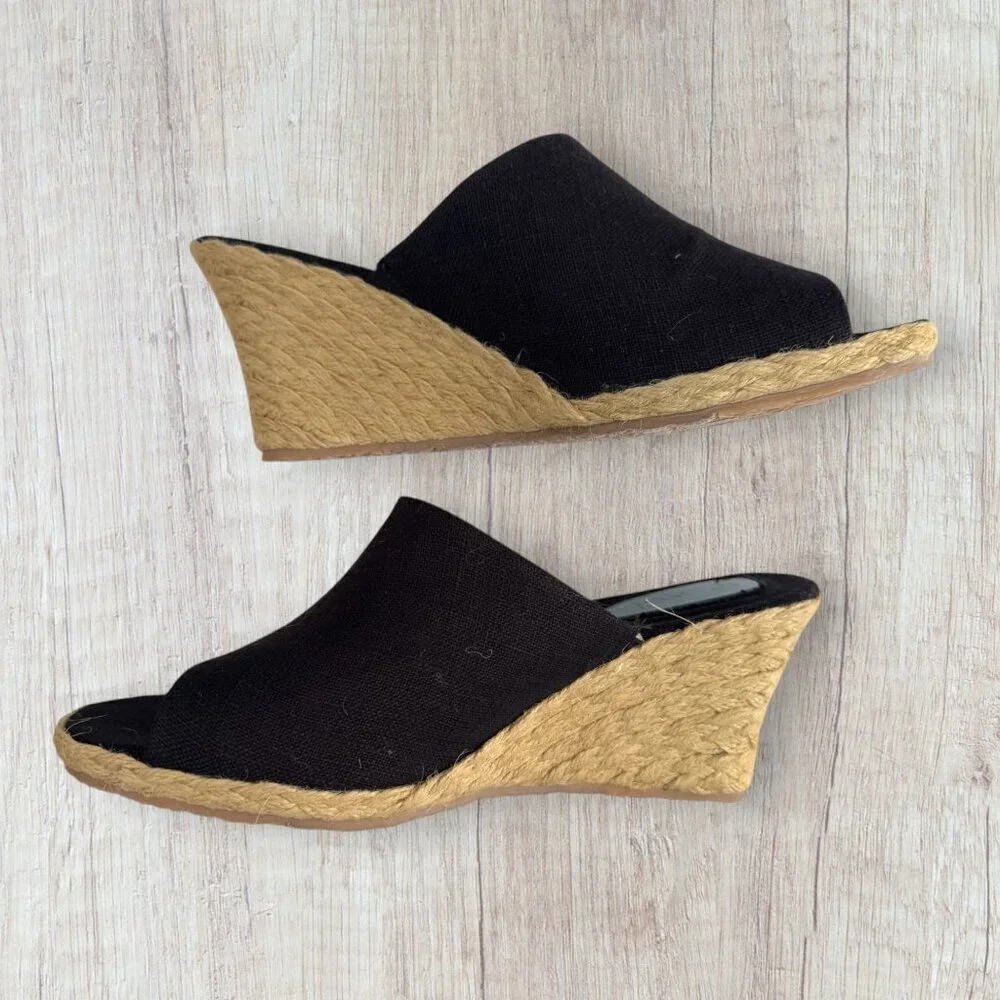 NEW FITZWELL Black Slip On Slide Espadrille Wedge Peep Toe Sandals Jute 8 WW